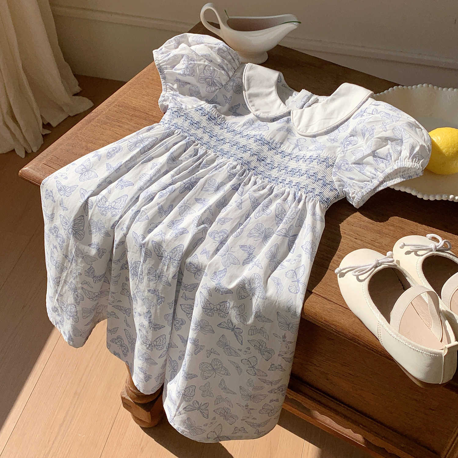 2025 Summer Childrens Clothing Butterfly Printed Embroidered Girls Dress French Style Bubble Sleeves Middle and Small Childrens Skirt Y25042342gu