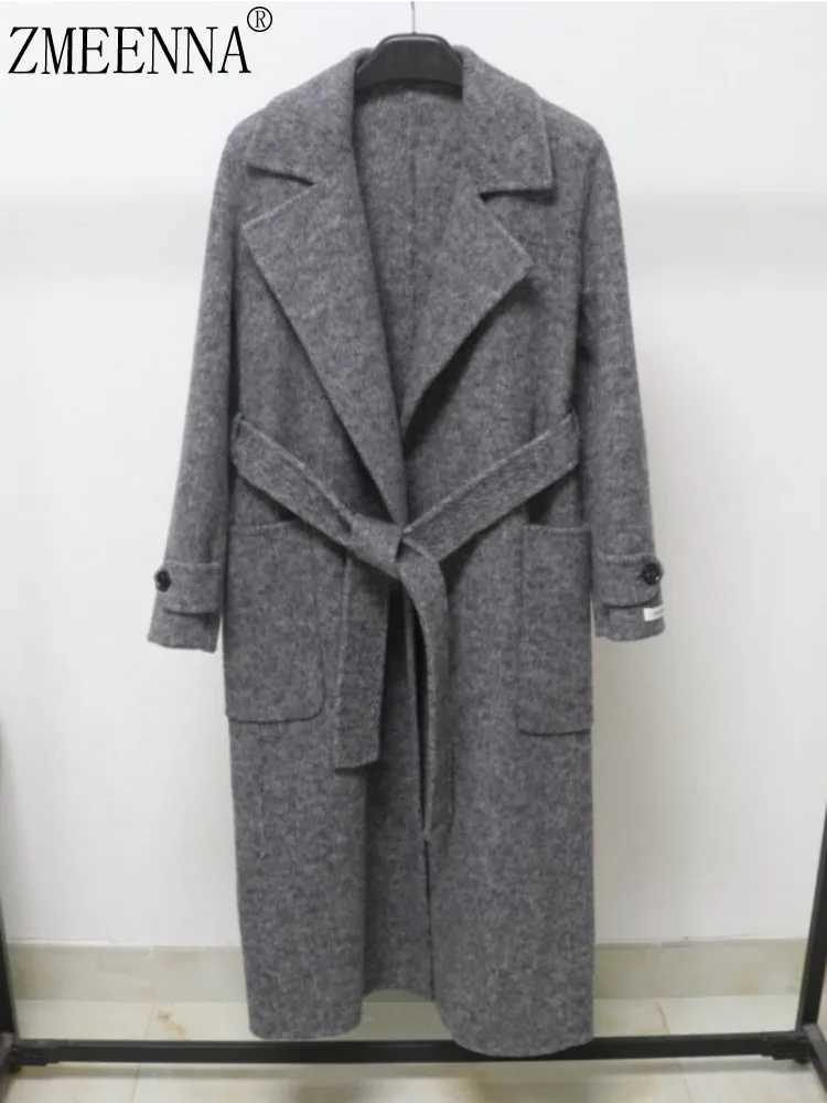 ZMEENNA Elegant Womens Gray Wool Blend Long Coat With Classic Lapel Collar Belted Waist And Front Pockets Warm ZM3880 J251124