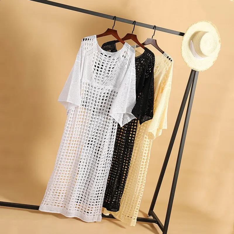 2024 Summer Sun proof Beach Dress Biqunis Cover Ups See Through Swim Skirt Latern Sleeve Sarong Bohemian Bikini 250422