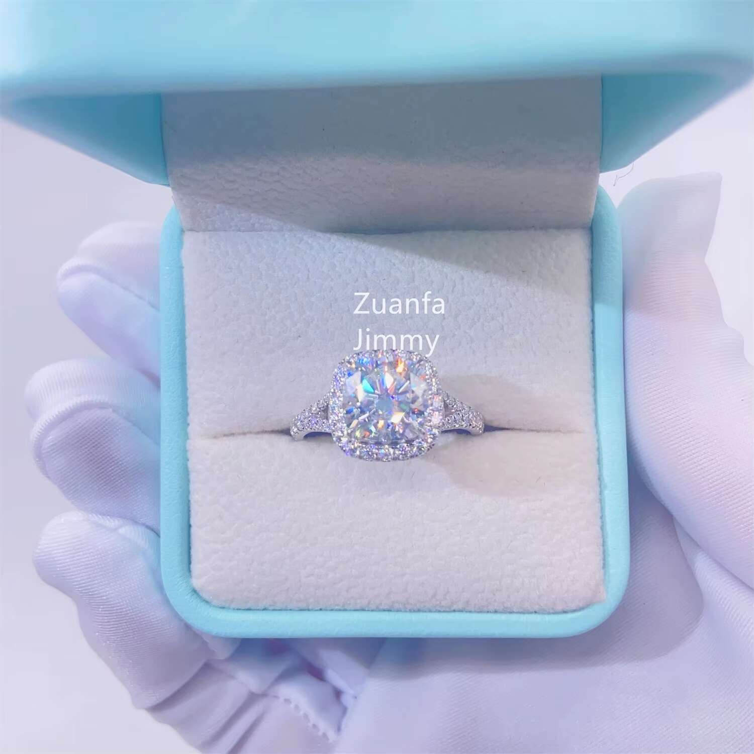10K White Gold 3.00ct Cushion Cut Colorless GRA Moissanite Engagement Ring Handmade Pave Set Hidden Halo Wedding Ring