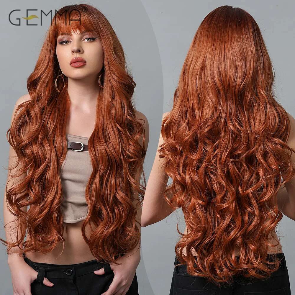 GEMMA Copper Ginger Long Wavy Synthetic Red Brown Wigs With Bangs For Women Natural Hair Cosplay Daily Wig Heat Resistant