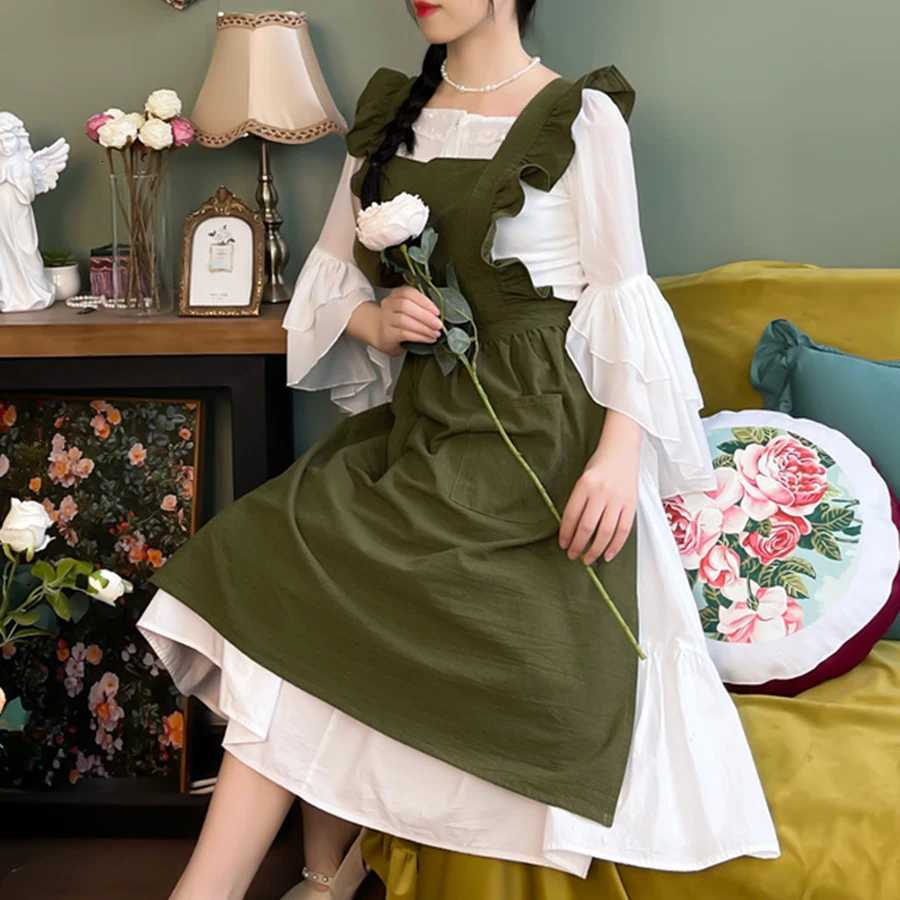 Cross Back Apron Kitchen Apron Ruffled with Pockets for Chef Gardening Pink Work Women with Big Pinafore Dress Cooking Baking C251124