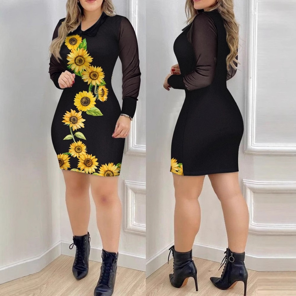 2025 autumn fashion mesh long sleeved V-neck slim fit printed dress for women