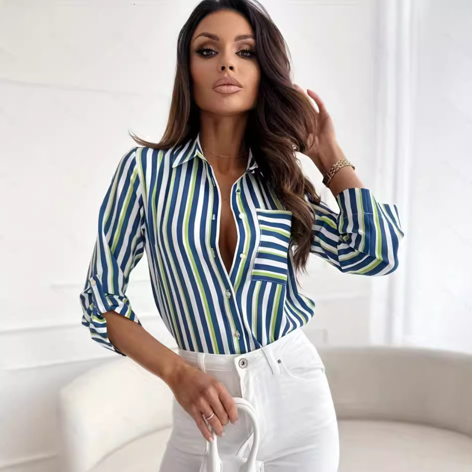 2023 autumn long sleeved V-neck pocket striped printed shirt for women
