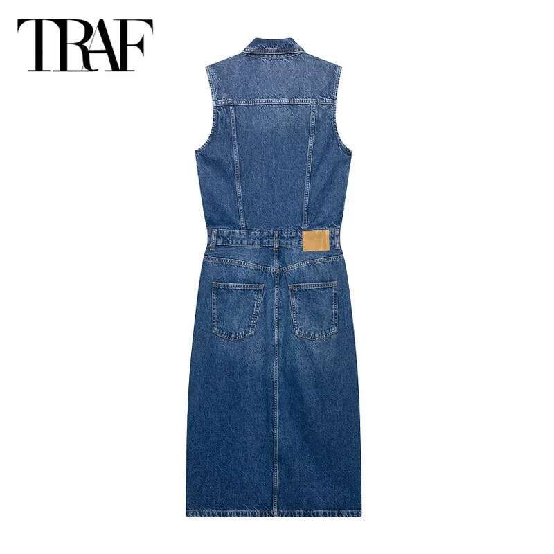 TRAF Women's Denim 2025 Spring Woman Elegant Y2k Sleeveless Long Fashion Casual Streetwear Midi Dresses Vestidos