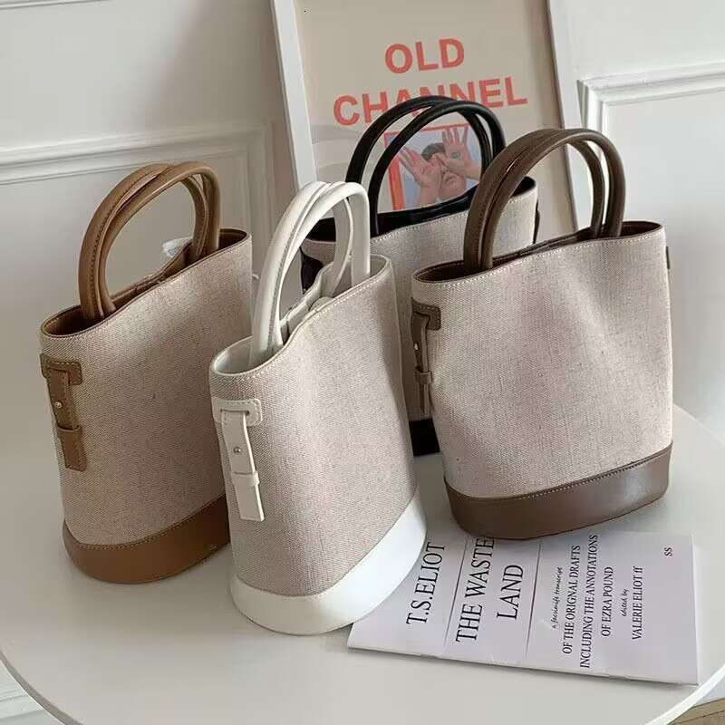Light Luxury Korean Edition New Product Splicing Hemp Water Bucket Versatile Color Contrasting Simple Single Cross Shoulder Women S Bag Handbag
