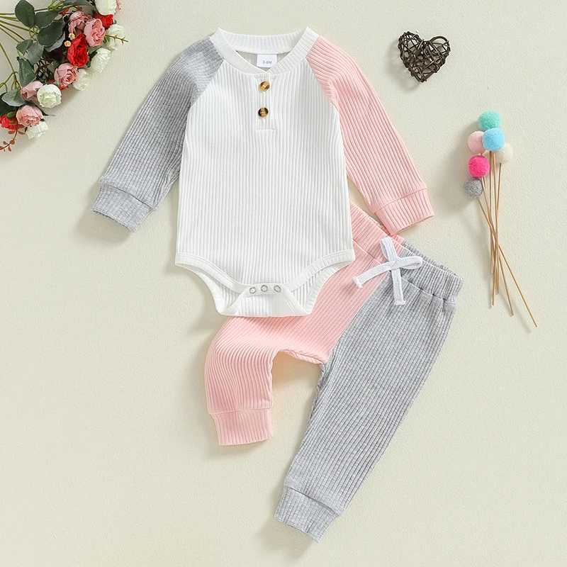 Clothing Sets 2024-05-31 Lioraitiin 0-18M Baby Girls 2 Piece Outfit Contrast Color Raglan Sleeves Romper and Elastic Pants Warm Clothes Set R250424