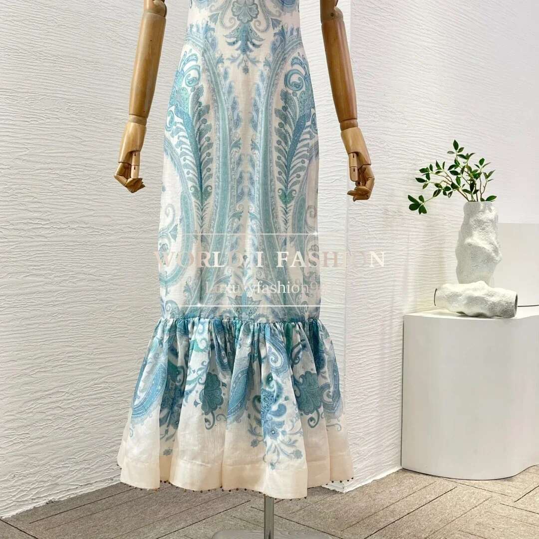 2025 New Fashion Blue Paisley Print Sleeveless Mermaid Hem Ruffles Beading Midi Dress