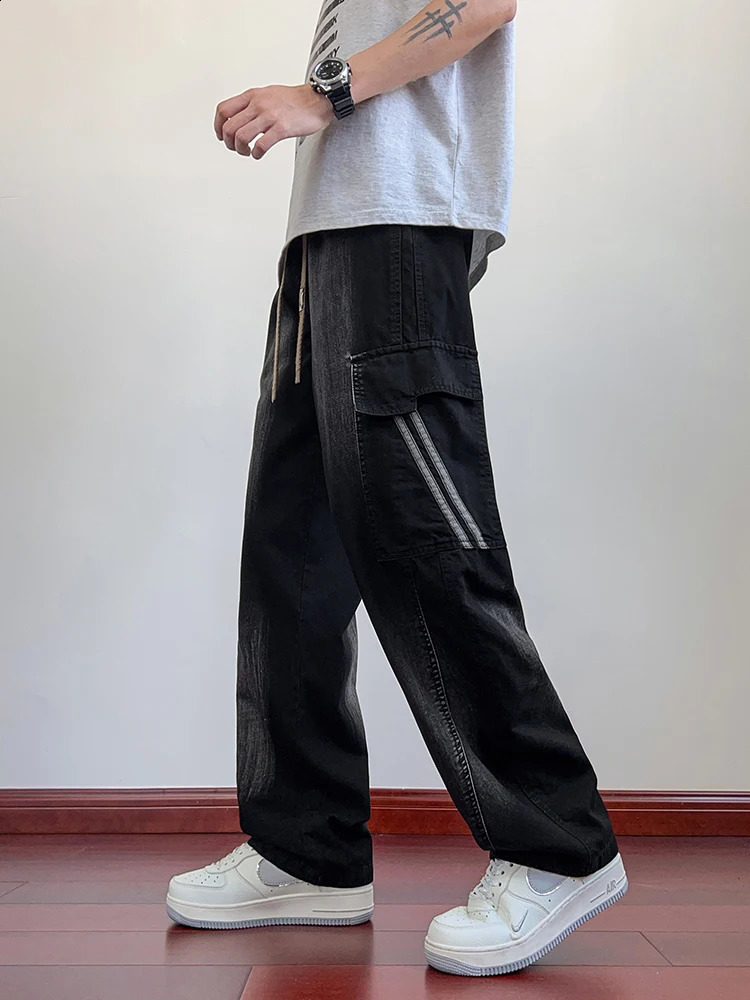 Summer mens jeans with flap pockets lightweight denim cargo pants large size 8XL 7XL 6XL wide leg pocket jeans straight pants 250423