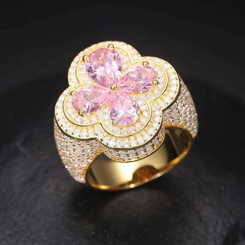 Pass VVS Moissanite Tester S925 Sterling Silver Red Flower Design Iced Out VVS Silicon Stone Men's Ring and GRA Rapper Hip Hop Jewelry d4