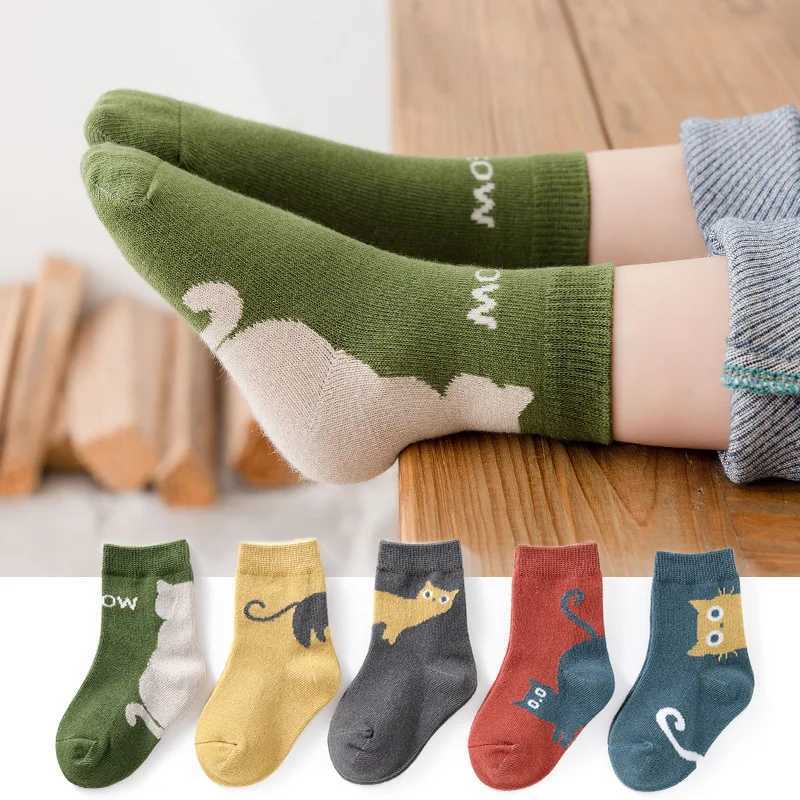 5 Pairs Kids SOCKS Autumn Winter Middle Tube Sock Cat Pattern Comfortable Breathable CHIldren SOCKS For Boys Girls G251124