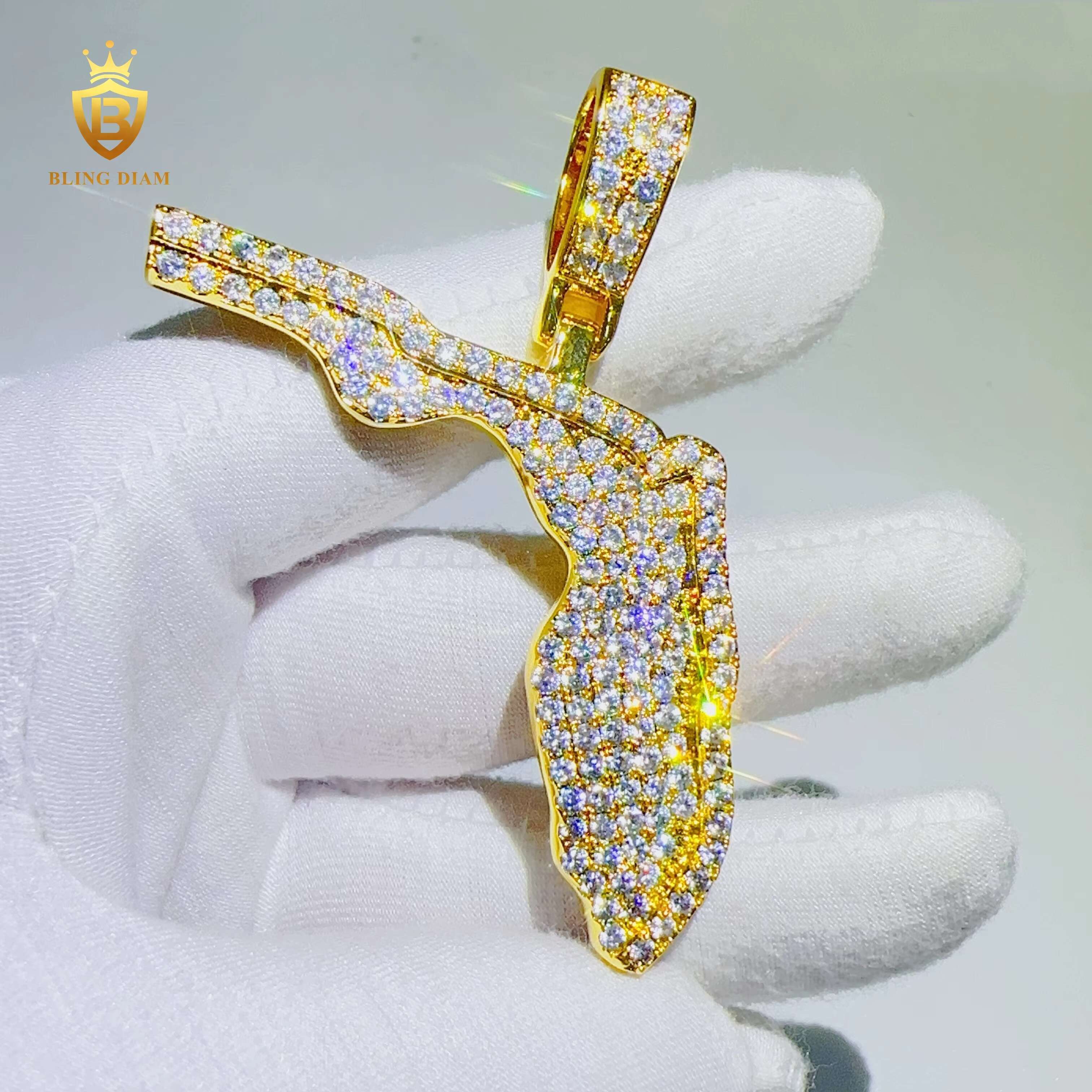 Wholesale Custom Hip Hop Jewelry Iced Out VVS Moissanite Diamond Necklace Set Florida Map Design Pendant