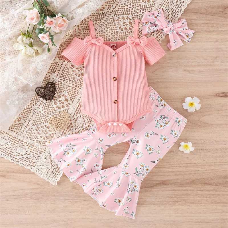 Clothing Sets Summer Baby Girls Clothing Sets 4 Colors Ribbed Off Shoulder Short Sleeve Button Bodysuits+Floral Flare Long Pants+Headband R250424