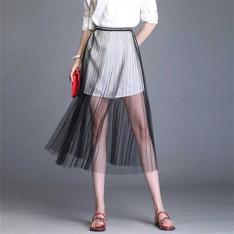 Womens sexy mesh lace transparent long sheer skiing Korean fashion summer womens elastic high waist black and white beach Midi skiing M250424