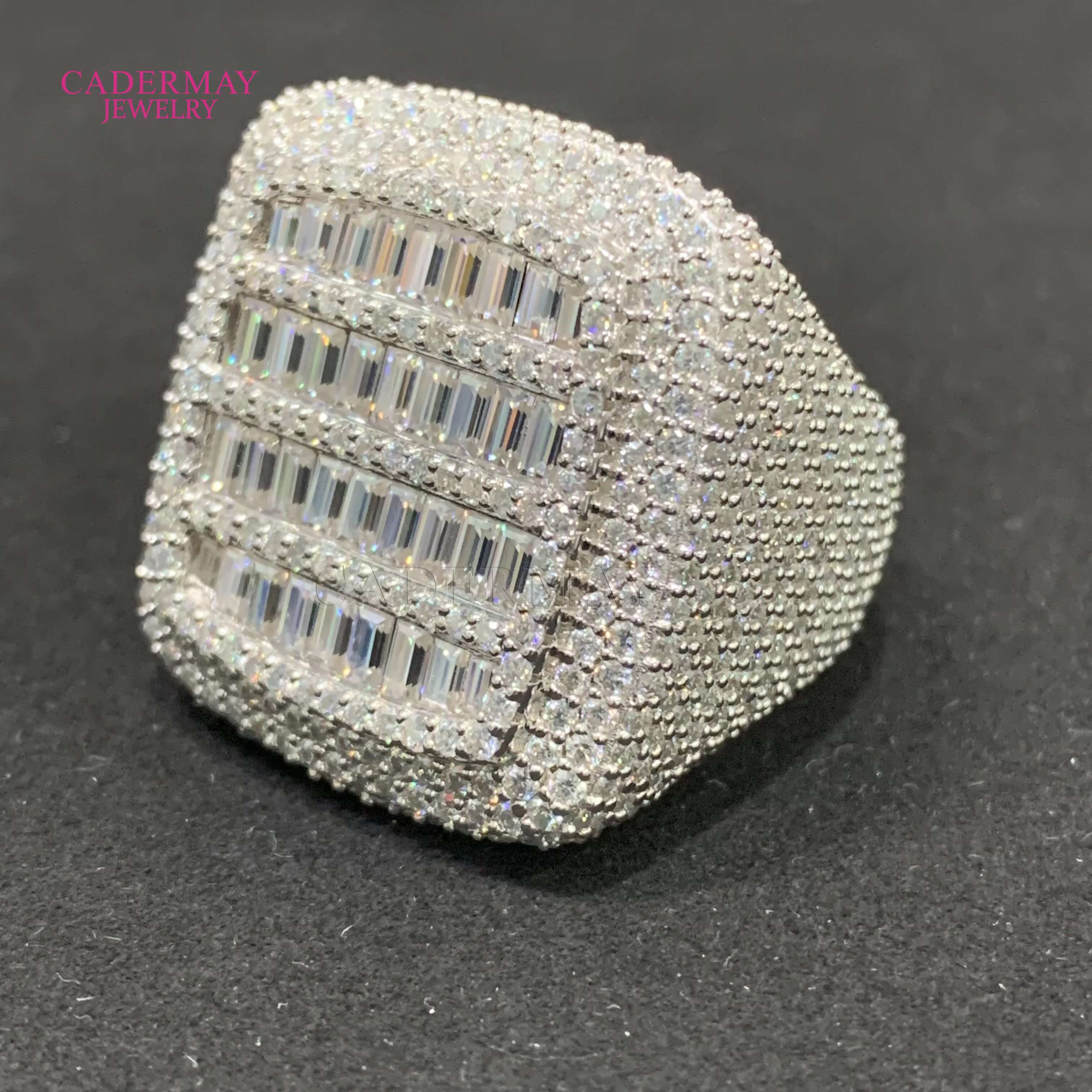 Cadermay Hiphop Men Fine Jewelry Iced Out 925 Sterling Silver Square Vvs Baguette Moissanite Diamond Ring With Gra Certificate