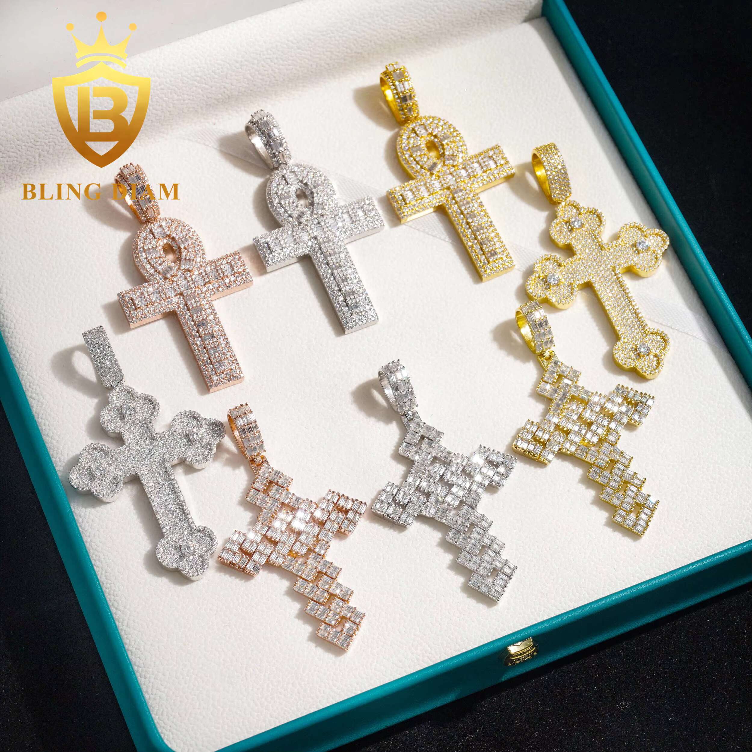 Solid 925 Sterling Silver Hip Hop Moissanite Cross Pendant High Quality Iced Out Hip Hop Pendant for Tennis Chain Necklace