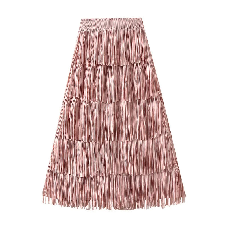 In 2025 Women Trendy Tassel Elegant Long Skirt Female Summer Korean Fashion High Waist A-line Red Skirts 250421