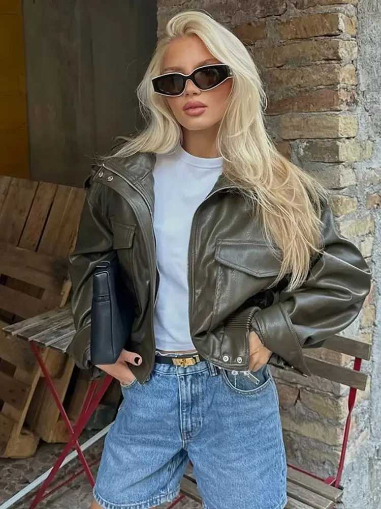 HH Women Faux Leather Cropped Jacket vintage Bomber Jackets With Pockets Long Sleeve Coats Zipper Overcoat Jacket For Woman J251124