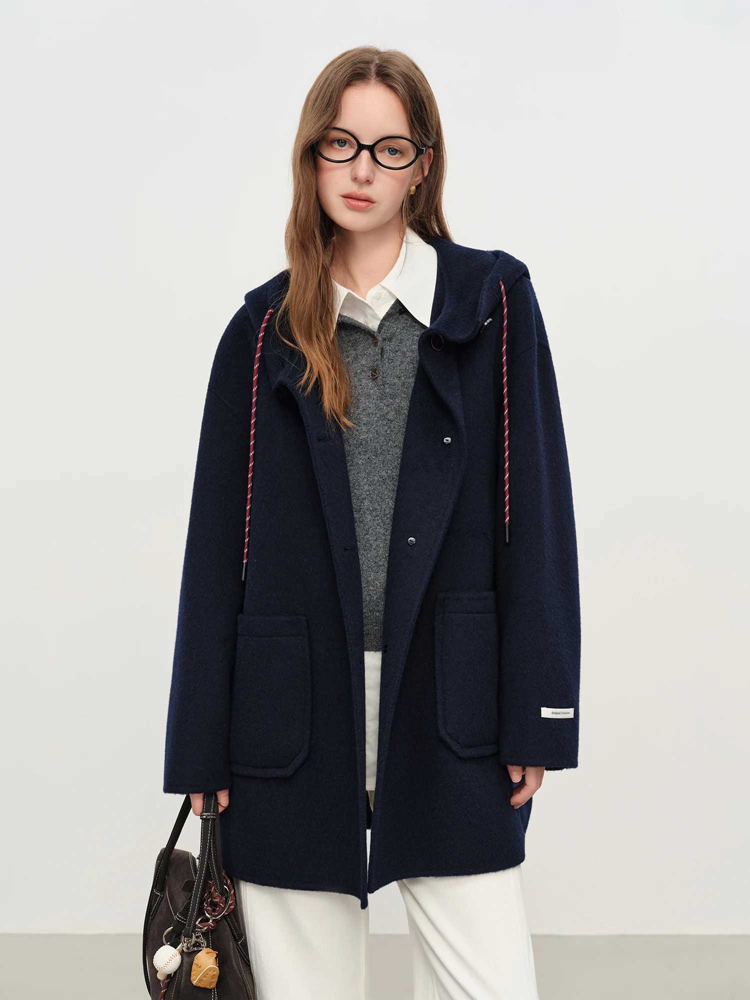 FSLE College Style Age-reducing Hooded Double-faced Wool Coat for Women Mid-length Wool Coat Pockets Gray Girlish J251124