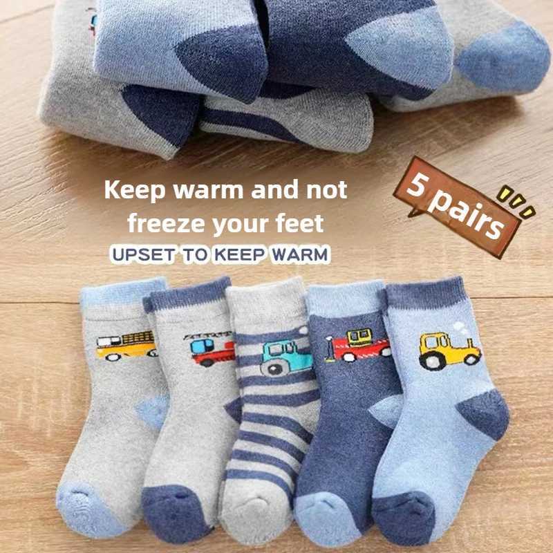 5 Pairs Kids Winter Socks Thick Warm Fleece Lined Mid Crew Socks for Boys Girls Non Slip Floor Socks G251124