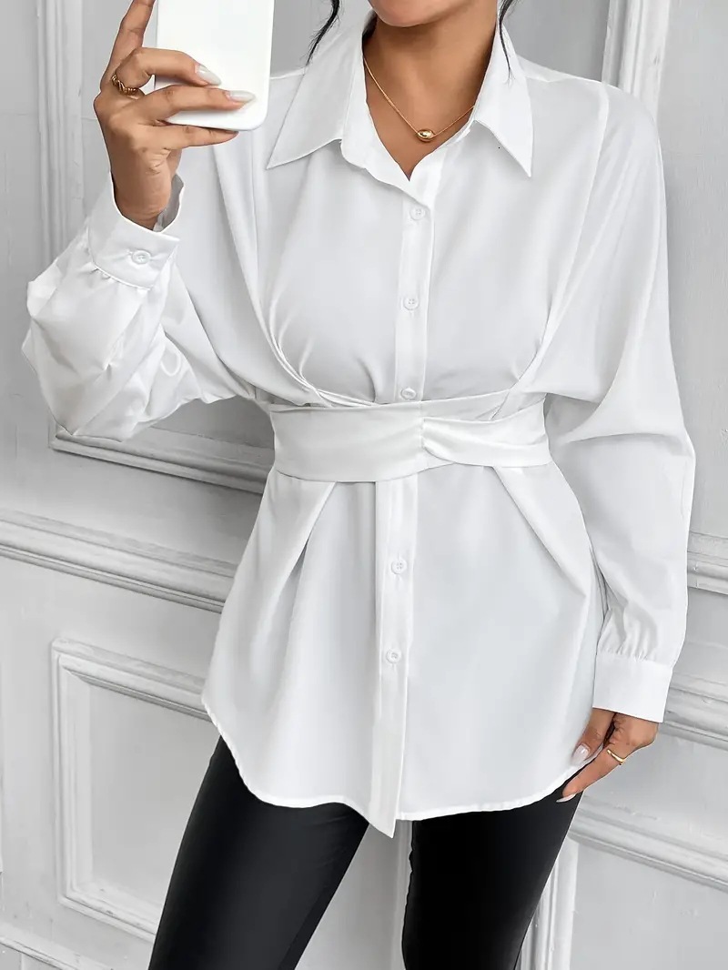 2024 autumn lapel tie bow tie waist slimming shirt womens clothing