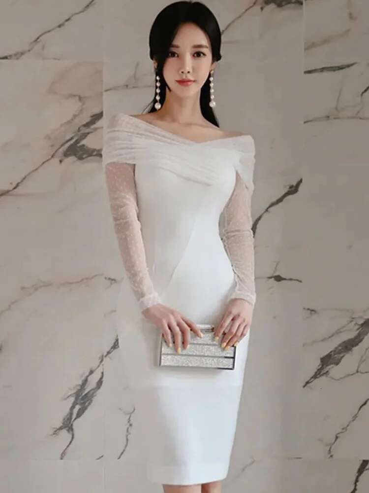 Elegant Office Lady Dress Summer White Lace Sexy Off Shoulder Slash Neck High Waist Tight Temperament Party Women's Dresses