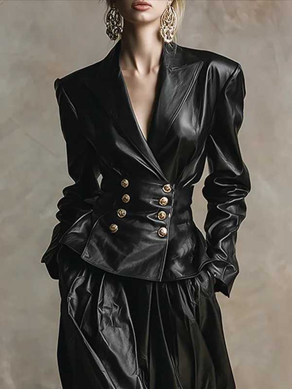 Model Urban Elegance Faux Leather Jackets for Women 2025 Winter V-neck Double-breasted Wommes Vintage Black Pu Leather Outwear J251124