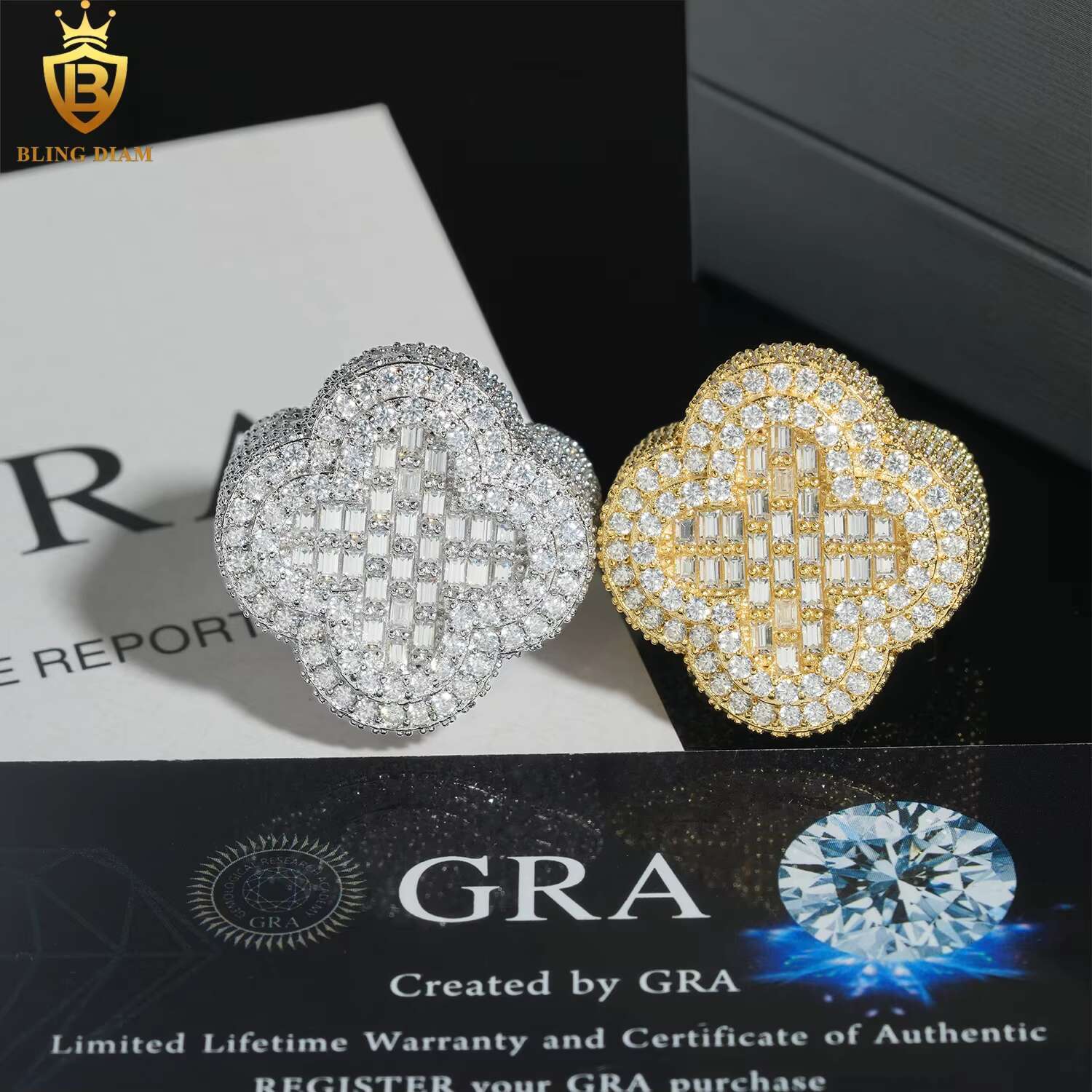 Hip Hop Jewelry 925 Sterling Silver Gold Plated Men Cuban Clover Rings Vvs Moissanite Iced Out Pass Diamond Tester