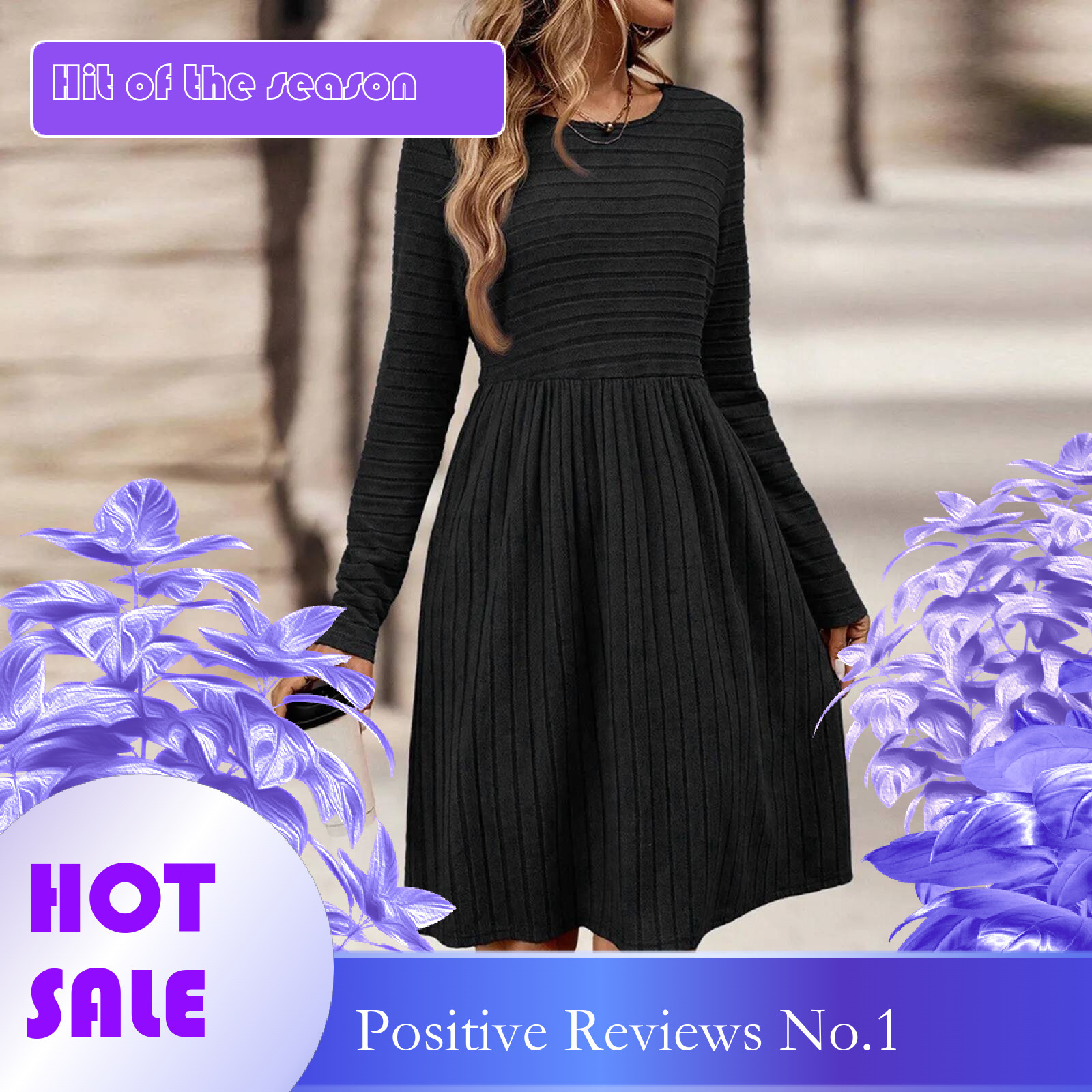 Dongdumaoyi Women S Round Neck Mini Dress Solid Color Knitted Jacquard A Line Dresses Long Sleeve Casual Pleated Woman