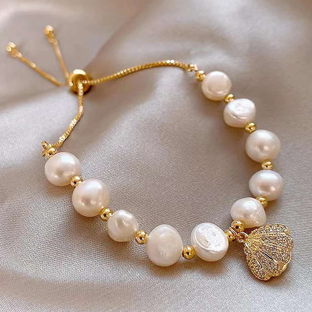 Sterling Sier Zircon Beach Shell Baroque Pearl Charm Bracelet for Women Bohemian Fashion European Jewelry US Stock
