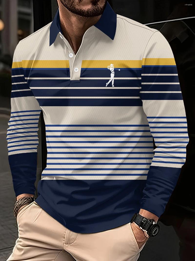 Men's Polos Long-sleeved Striped Polo Shirt High Tie Button Double-sided Velvet For Winter