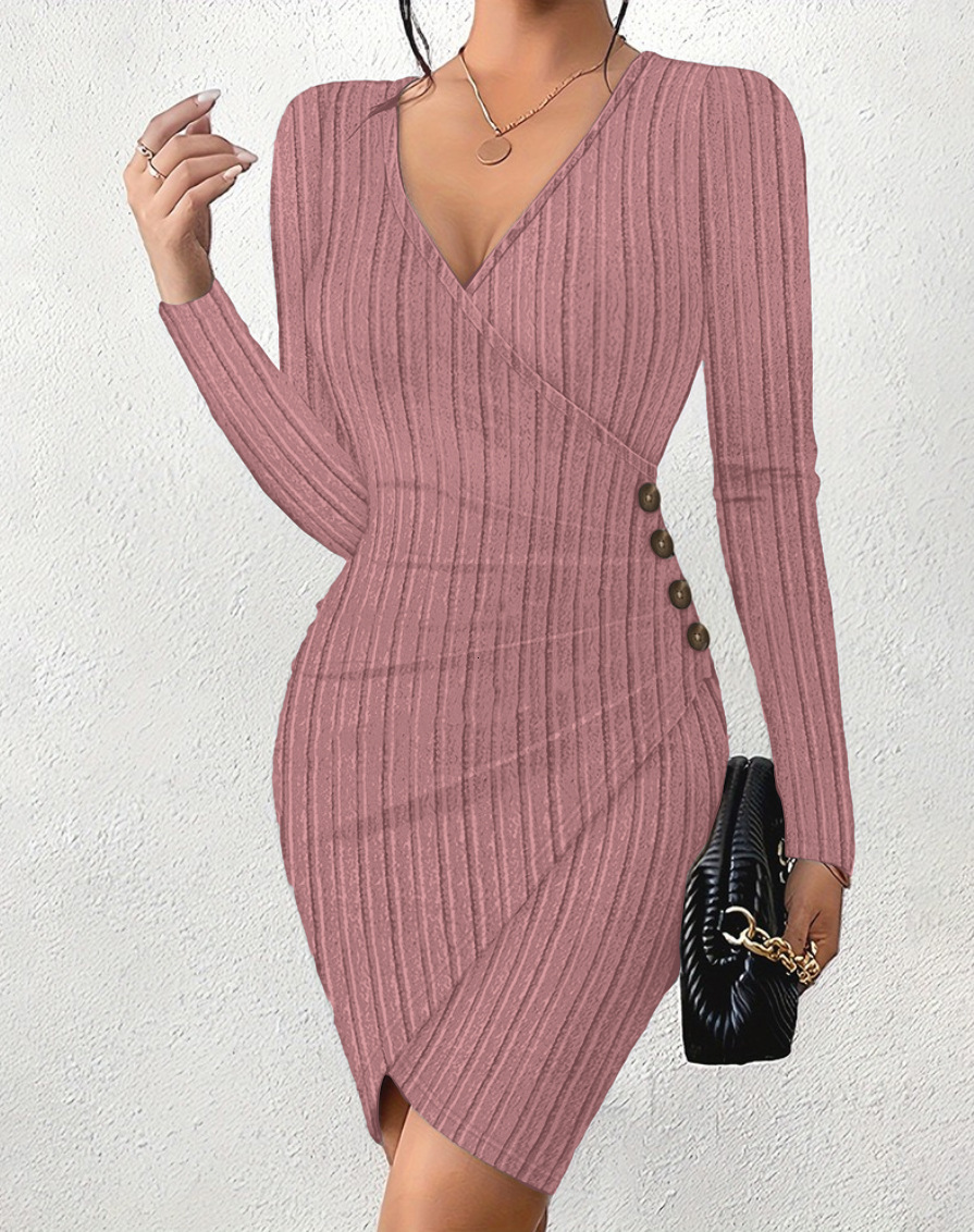 2023 autumn and winter new solid color V-neck tight fitting bag hip slimming sexy long sleeved dress for women