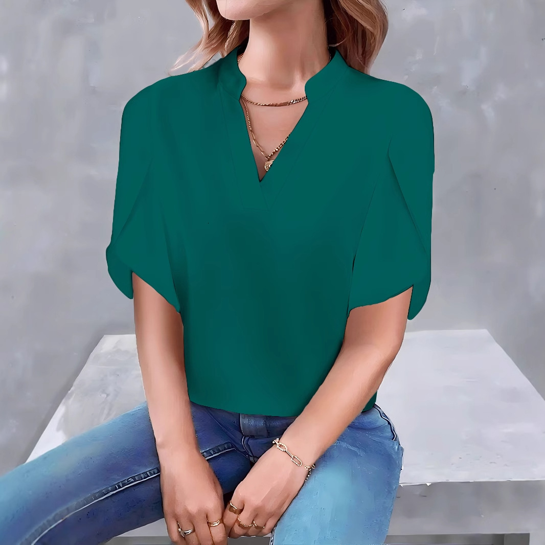 2025 Summer Fashion Simple V-neck Petal Sleeve Solid Color Womens Shirt Womens Shirt