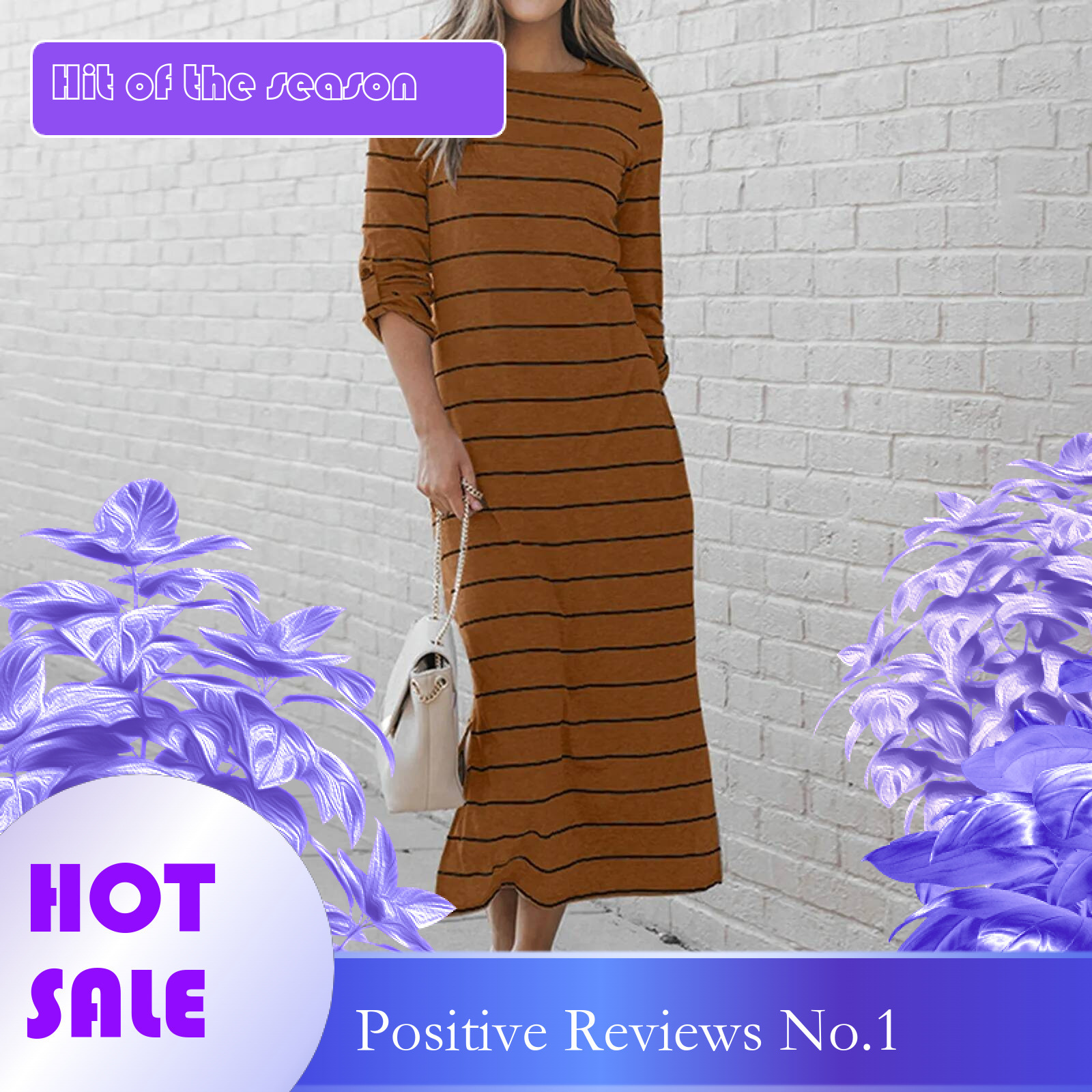 Dongdumaoyi Spring Striped Dresses For Women Long Sleeve Casual O Neck Maxi Dress Ladies Elegant Brown S Warm Summer