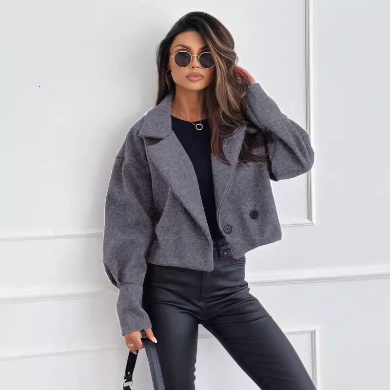 2024 new autumn and winter fashionable versatile suit collar solid color short woolen coat for women