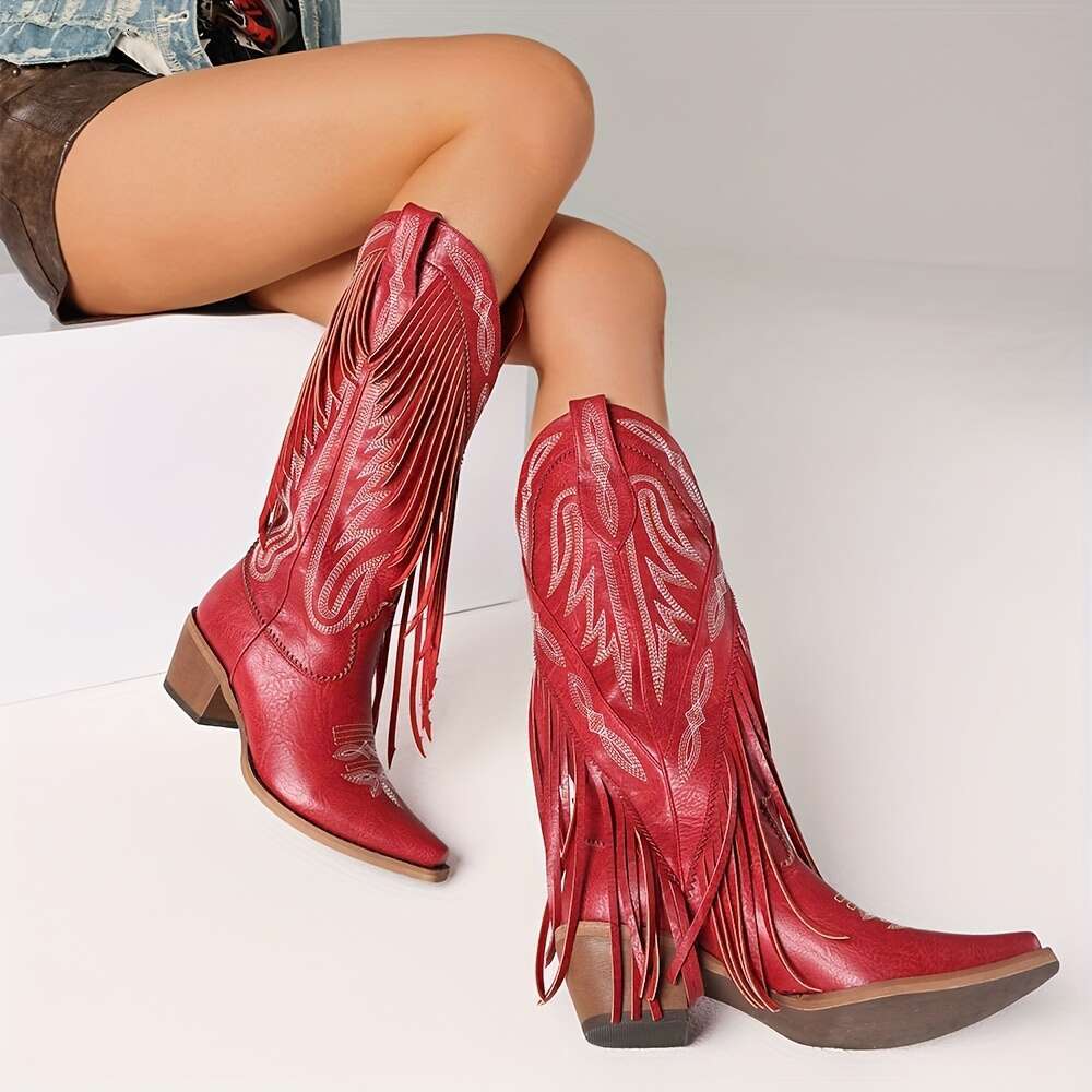 Womens Fashionable Tassel Western Embroidered Chunky Heel Knee High Shoes Comfortable Wild Calf Slip On Riding Boots