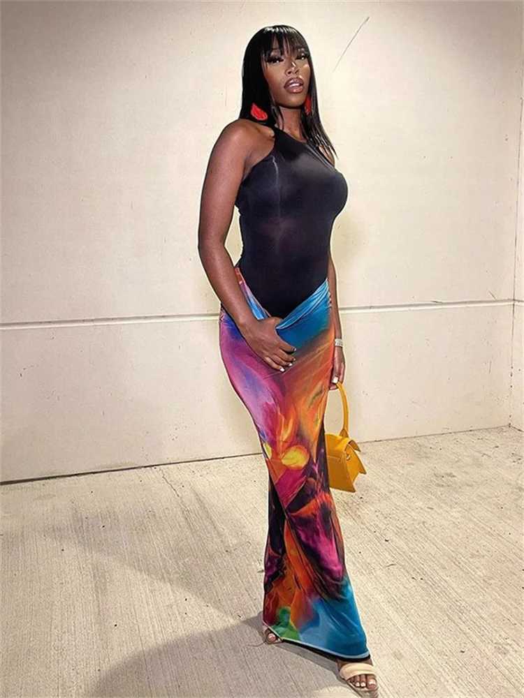 Simenual Harajuku Aesthetics Multi Printed High Waist Long Skirts Women Cyber Y2K Package Hip Skirt Chic Holiday Outfits Slim M250424
