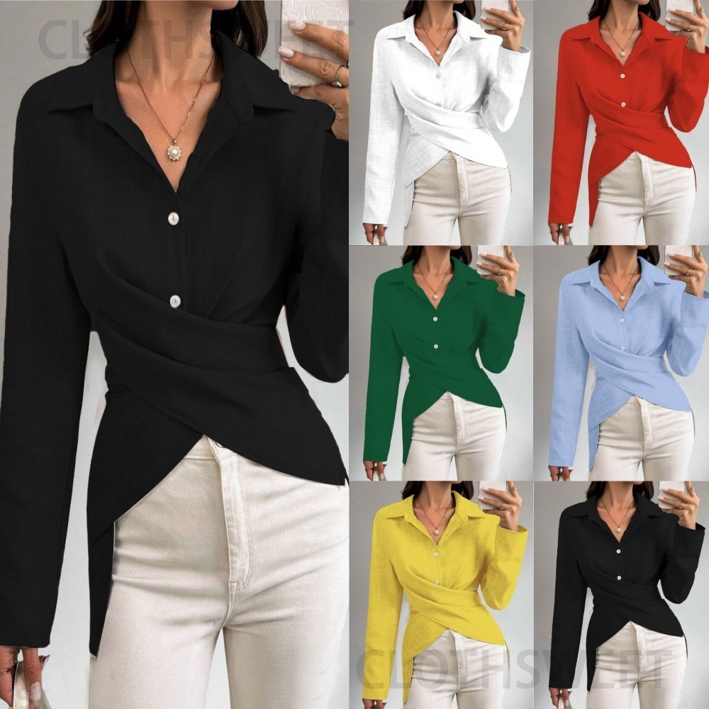 2024 Autumn Simple Fashion Versatile Waist Collection Solid Color Shirt Womens Wear