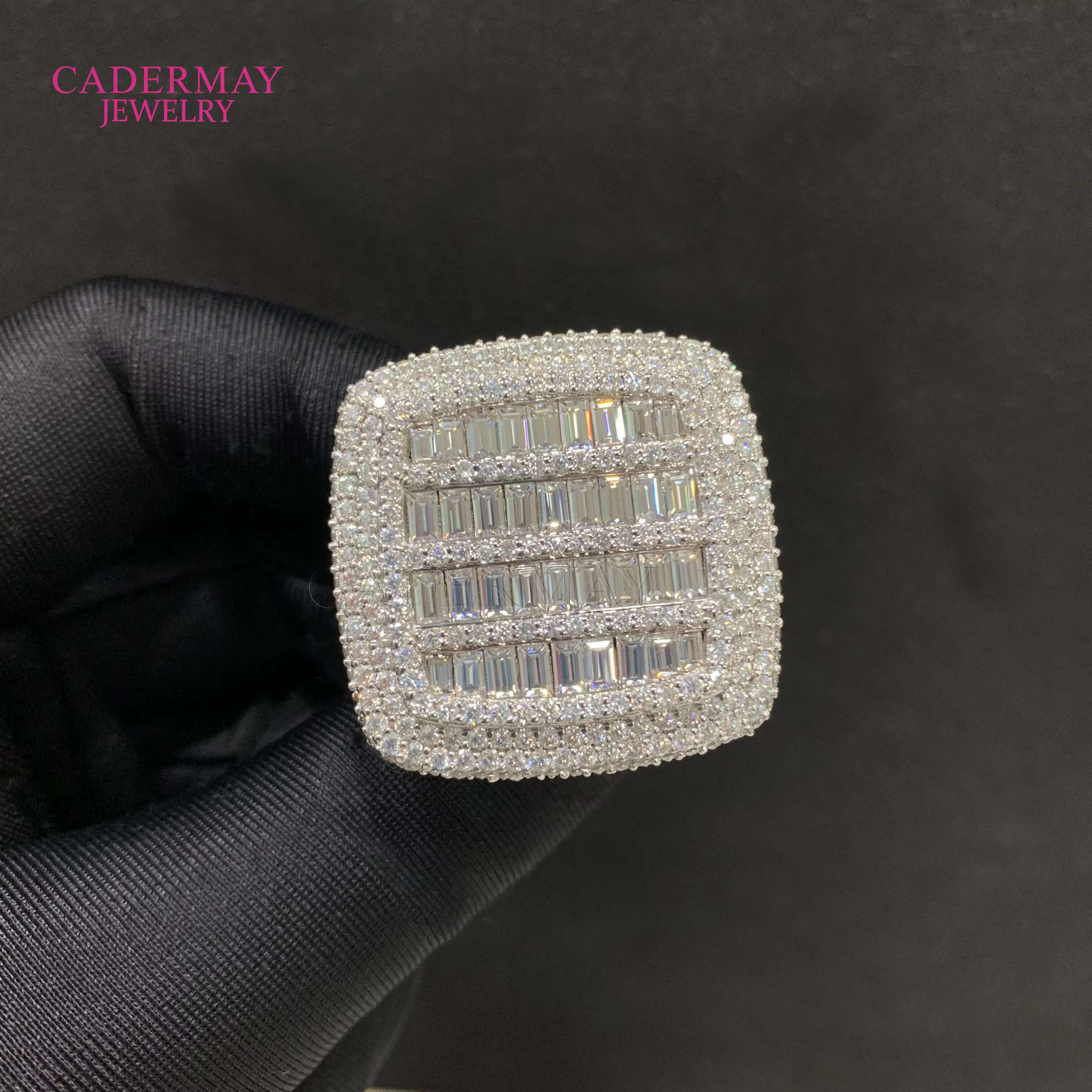Cadermay Hiphop Men Fine Jewelry Iced Out 925 Sterling Silver Square Vvs Baguette Moissanite Diamond Ring With Gra Certificate