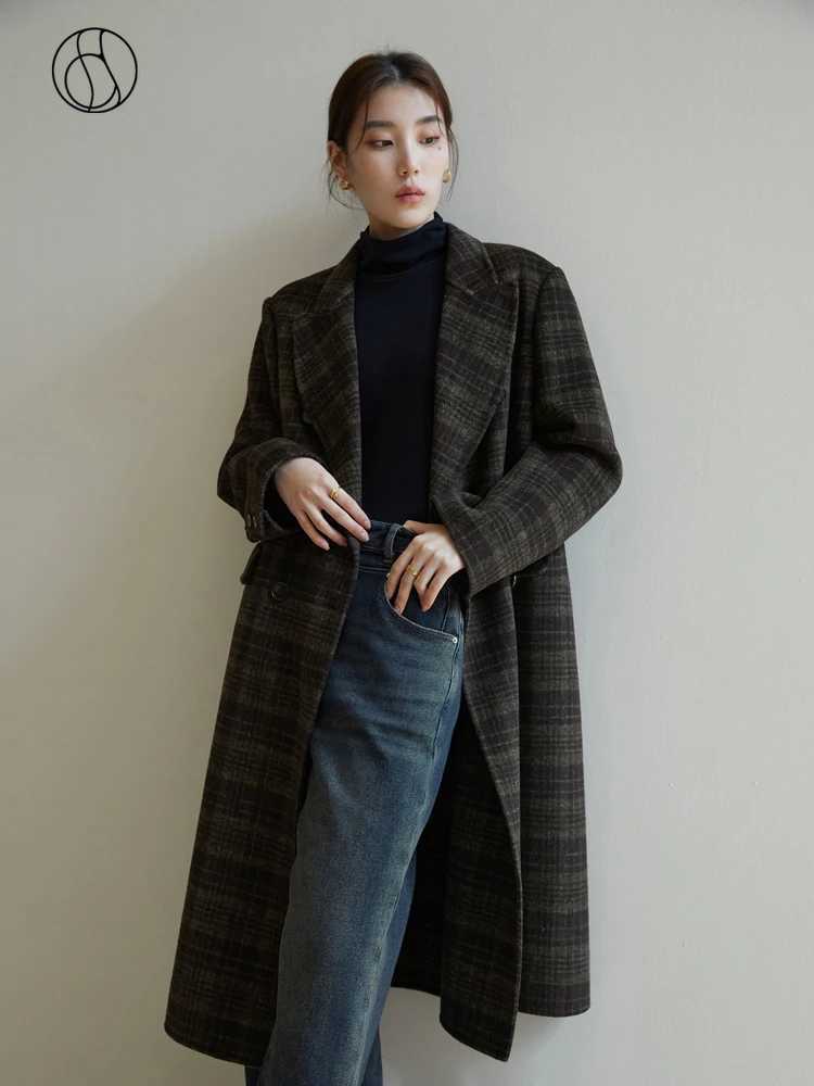 DUSHU 696 Wool Temperament British Style Women Long Plaid Wool Coats Notched Coolar Double Breasted Front Shoulder Female Coat J251124
