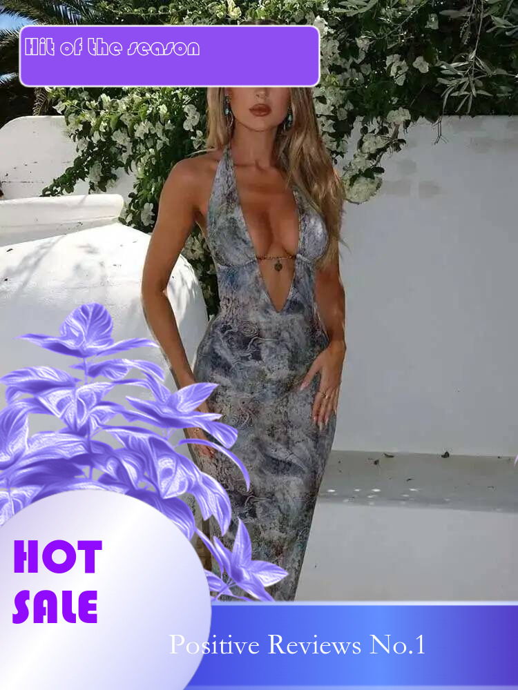 Dongdumaoyi Townlike Print Maxi Long Slim Bodycon Dress Women Halter Spring Summer Deep V Neck Nightclub Sexy Party Dresses