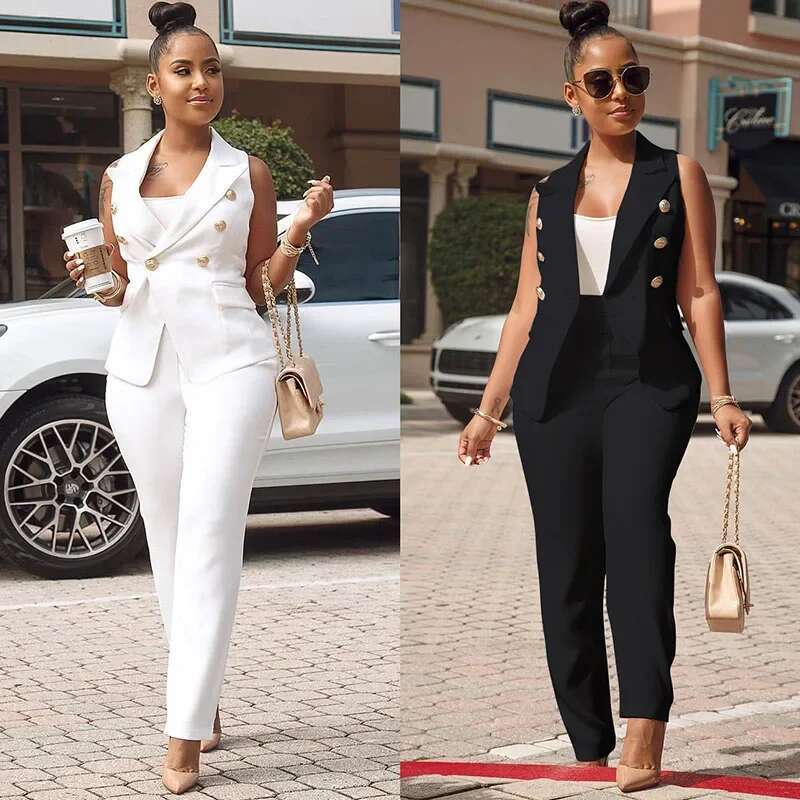 Business OL Work Wear Two Piece Pant Suits For Women Set Elegant Sleeveless Blazer Top + Pencil Pants Office Lady Matching Sets