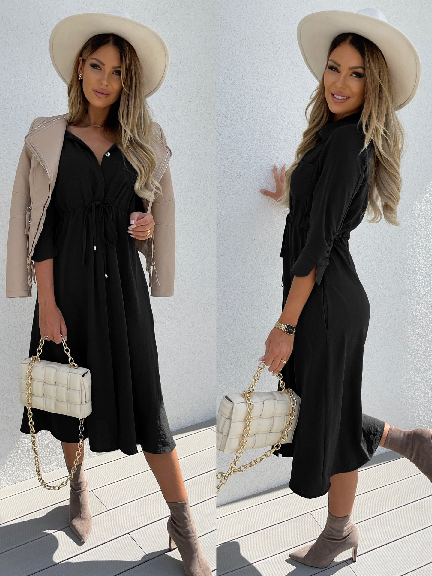 2021 new fashion bandage waist closing middle sleeve dress for women