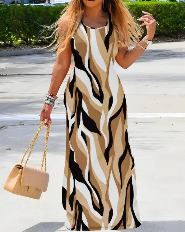 2024 Summer Fashion Printed Round Neck Sleeveless Slimming Dress for Women