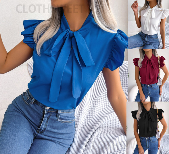 2023 new summer solid color simple bow short sleeved shirt for women