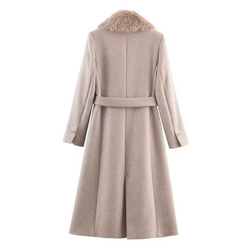 Autumn Women Wool Coat with Belt Casual Faux Fur Lapel Long Sleeve Shoulder Pads Pocket Lady Outerwear Female Chic Overcoat J251124