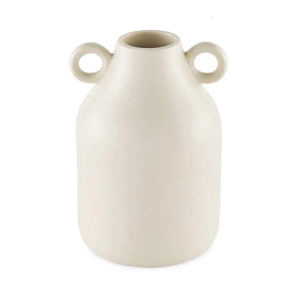 Handcrafted Ivory Ceramic Vase with Handles Decorative Tapered Design Flowers Home Decor Indoor Tabletop Counter Shelf C251124