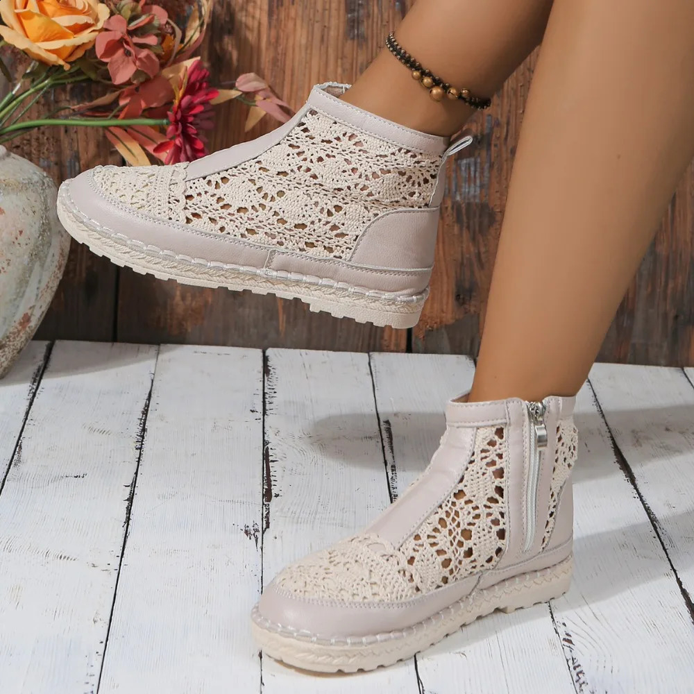 Mesh Cool Boots for Women 2024 Summer Thin Breathable Womens Versatile Short Boots Zipper Mesh Hollow Open Boots 250418