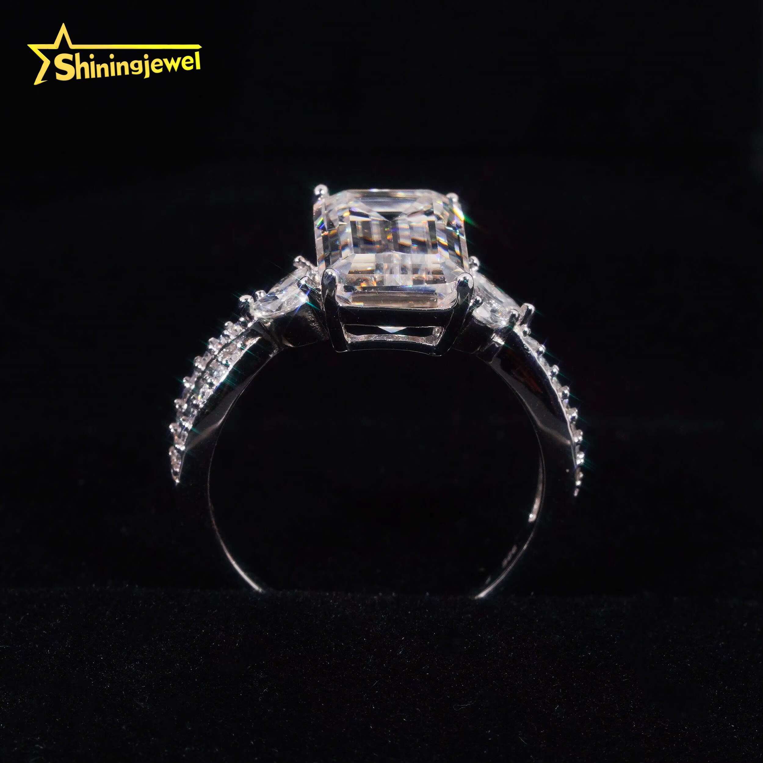 RTS Gold Plated Emerald Cut Wedding Ring Moissanite VVS Pass Diamond Test 925 Sliver Engagement Rings for Women