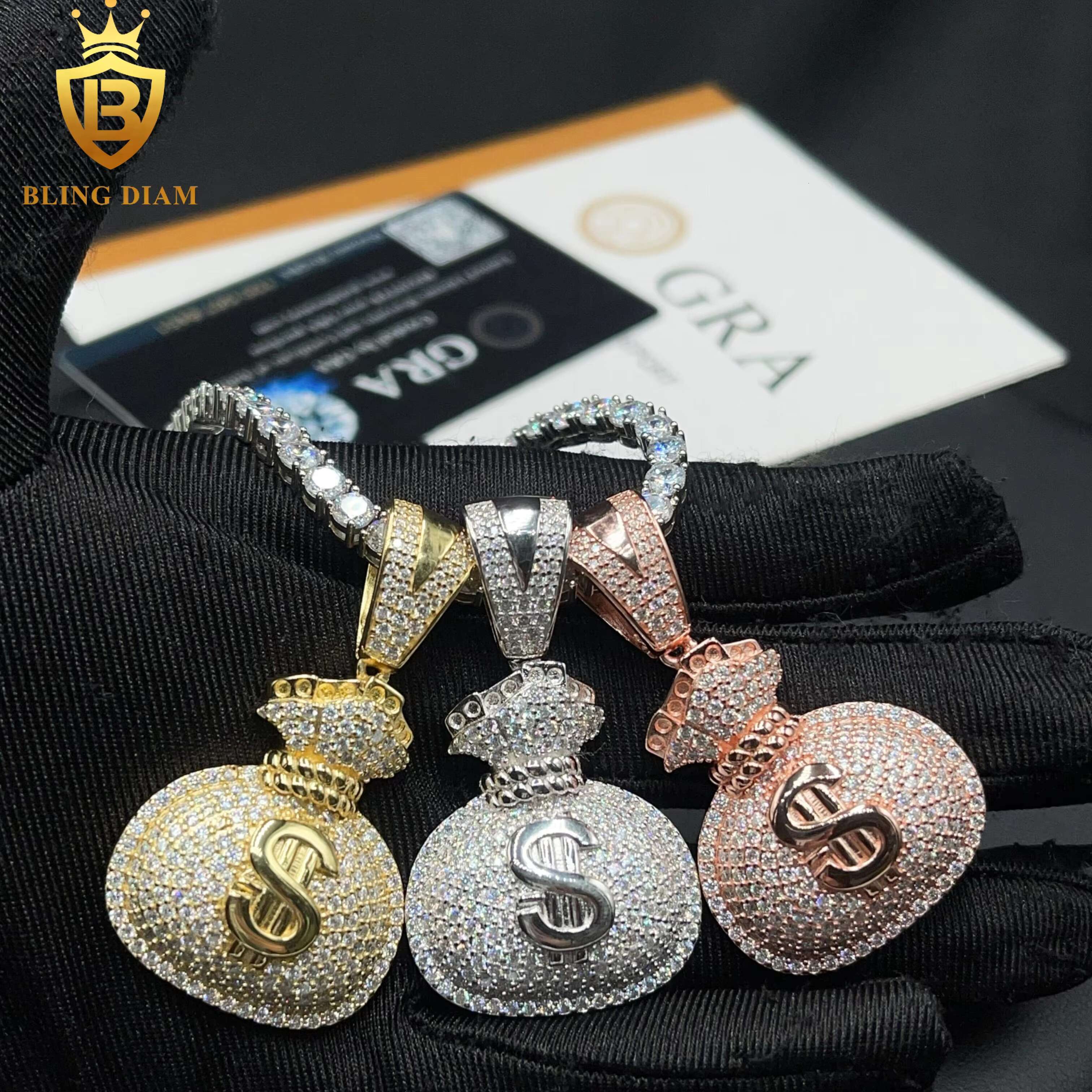 New Fashion Hip Hop Jewelry 925 Sterling Silver VVS Moissanite US Dollar Money Bag Charm Custom Pendants